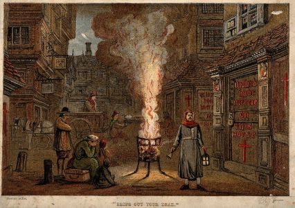 A_street_during_the_plague_in_London_with_a_death_cart_and_m_Wellcome_V0010604