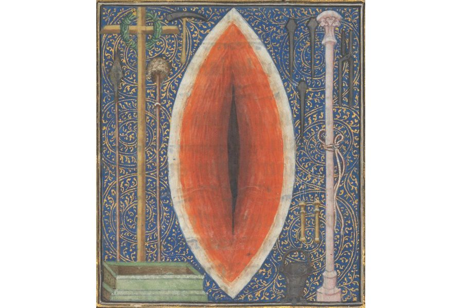 Miniatur aus einem mittelalterlichen Psalter, Vulva / Geburtskanal der Kirche / Seitenwunde Jesu