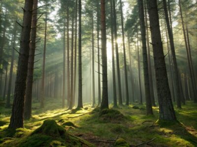 Sonnenstrahlen durchbrechen nebeligen Wald, Allerseelen-Stimmung
