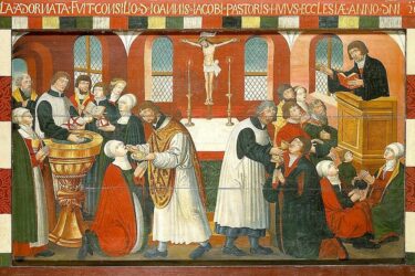 Deutsche Messe Gemälde mit Abbildung von Taufe, Abendmahl und Predigt, Altarbild Deutsche Messe Luthers